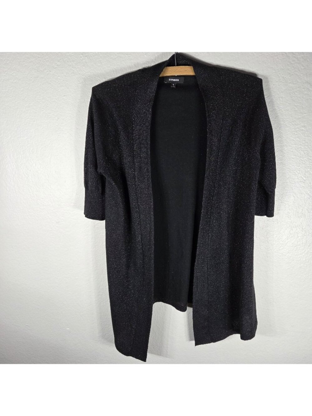 Express Open Front Shimmer Black Cardigan Size Small 3/4 Sleeve Cotton